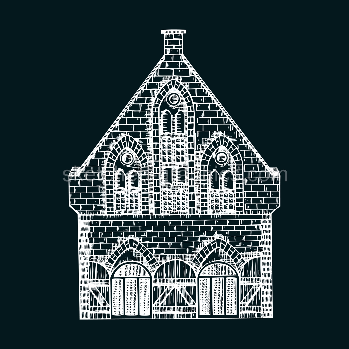 European city attractions. Architecture sketch. Old building drawing on chalkboard. Vintage house hand-drawn vector illustration. Architectural design element.  NOT AI generated Illustration